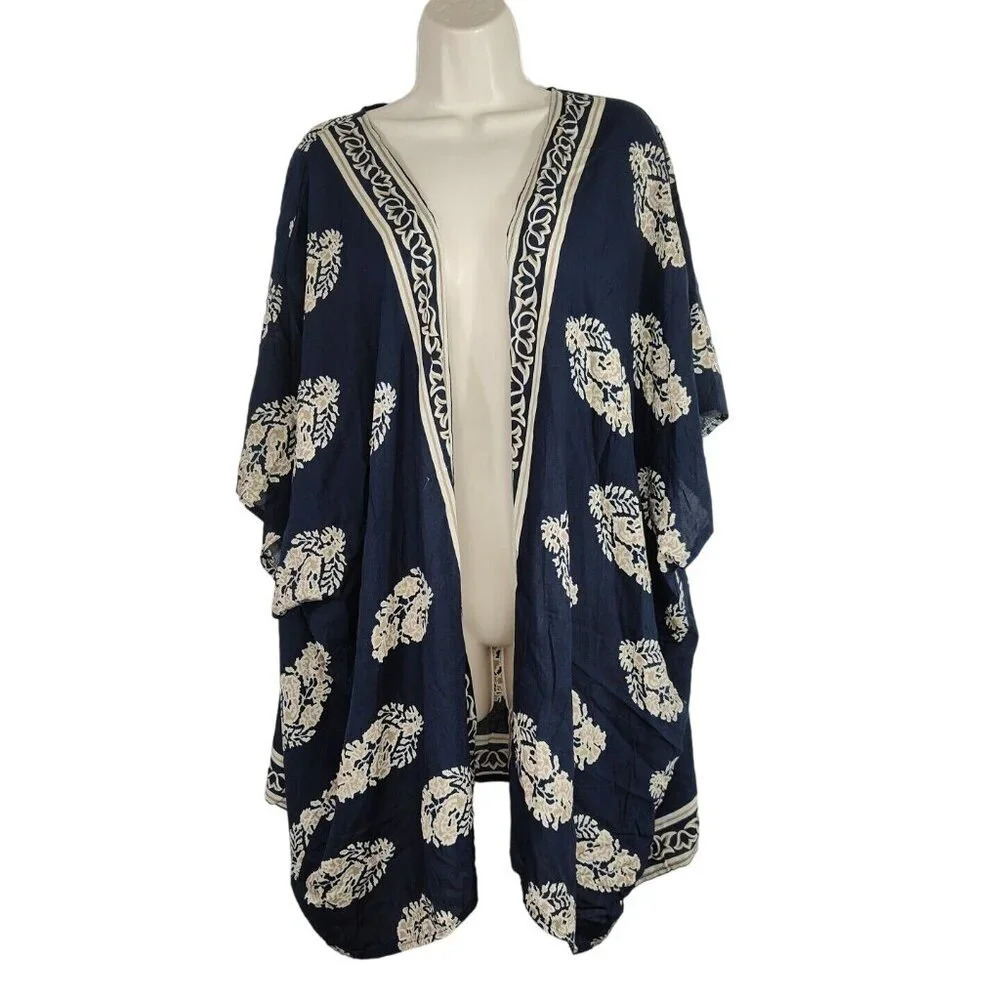 Hipster Row Blue Tan Open Front Jacket Kimono Cover Up Women Size XL FLAW